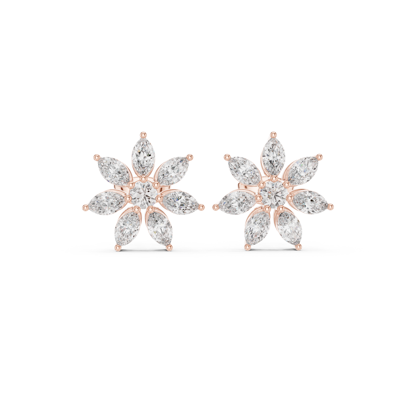 Photon Flare Diamond Petal Studs • Marquise Floral Cluster • High-Intensity Gold Sparkle