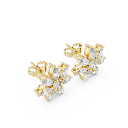 Photon Flare Diamond Petal Studs • Marquise Floral Cluster • High-Intensity Gold Sparkle