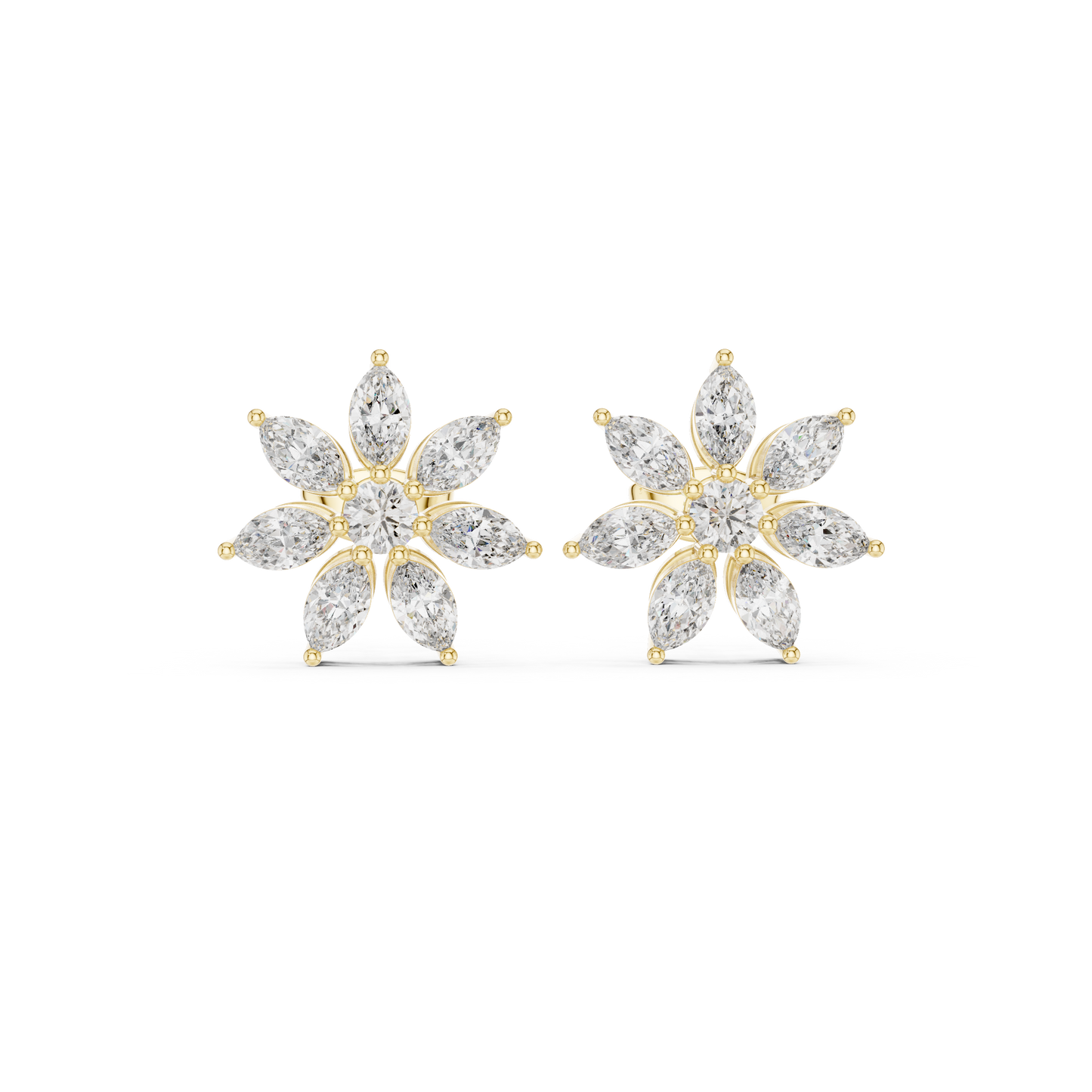 Photon Flare Diamond Petal Studs • Marquise Floral Cluster • High-Intensity Gold Sparkle