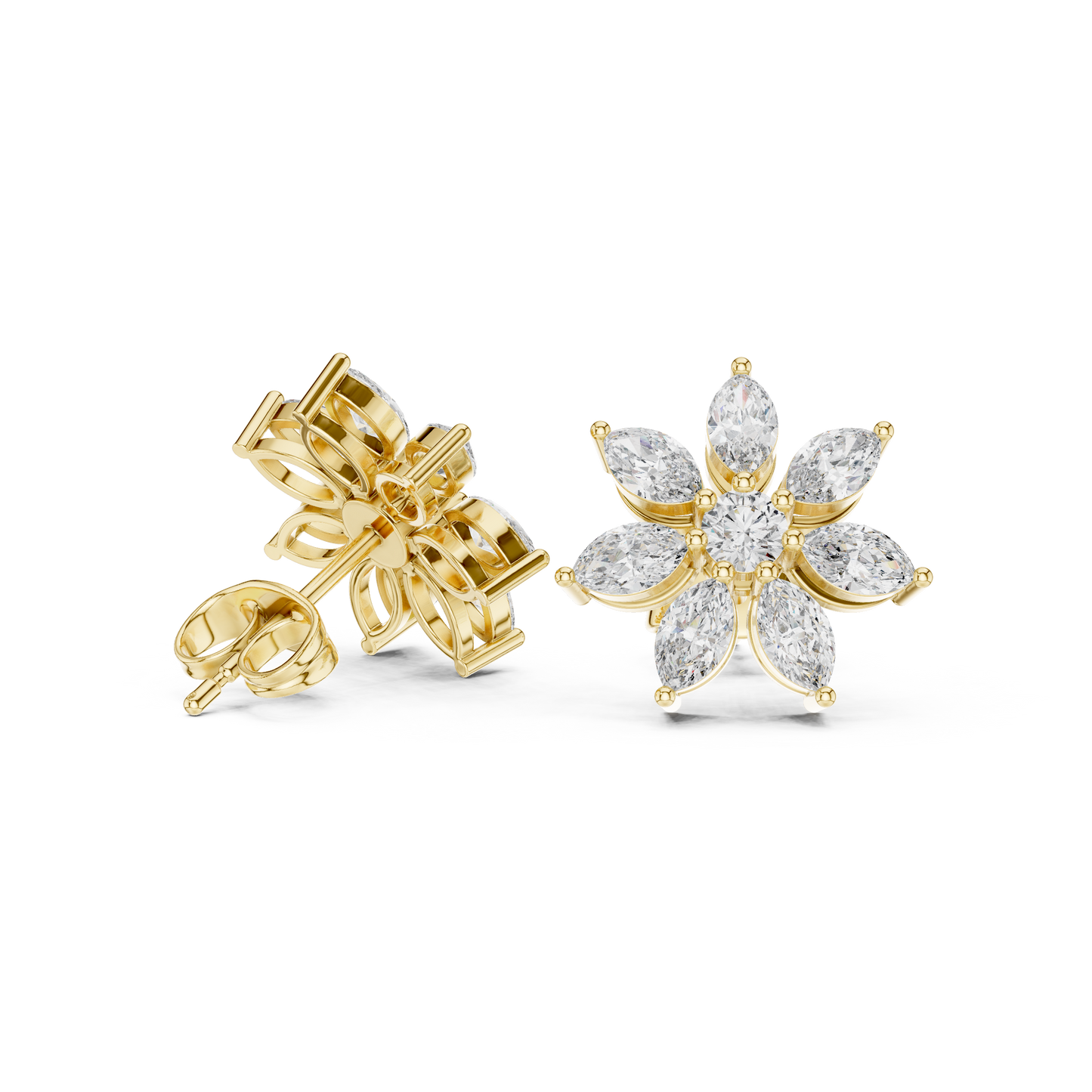 Photon Flare Diamond Petal Studs • Marquise Floral Cluster • High-Intensity Gold Sparkle