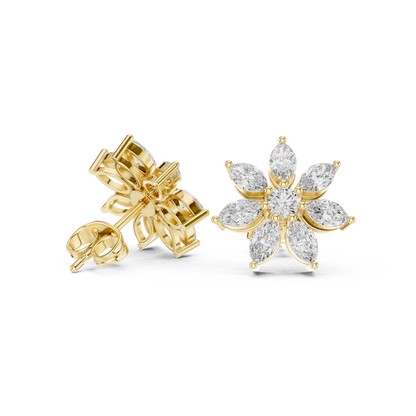 Photon Flare Diamond Petal Studs • Marquise Floral Cluster • High-Intensity Gold Sparkle