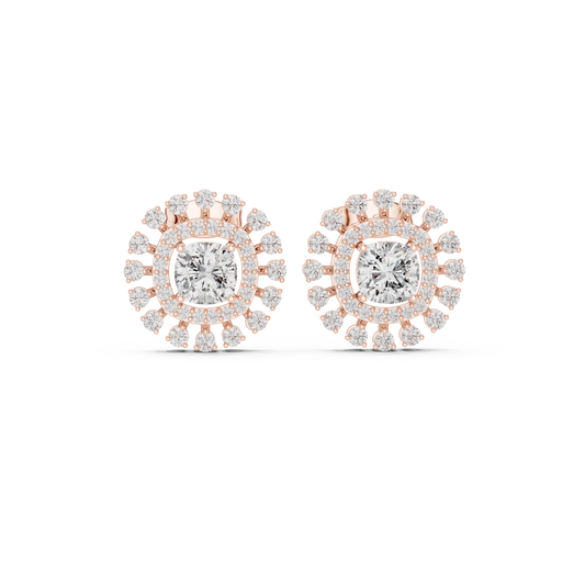 Sunburst Halo Diamond Stud Earrings • Dainty Sparkle Cushion-Halo Earrings • Gold Anniversary Gift for Her