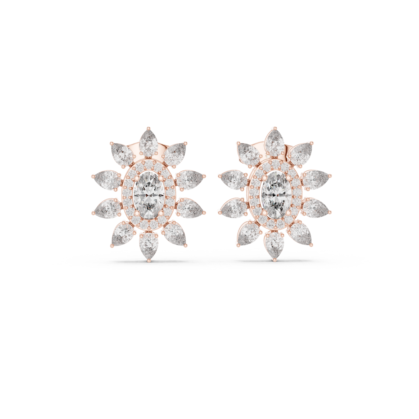 Sovereign Oval Halo Earrings • Marquise Sun-Crown Studs • Opulent Gold Diamond Look • Elegant Occasion Jewelry