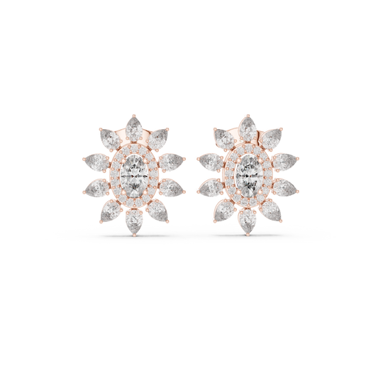 Sovereign Oval Halo Earrings • Marquise Sun-Crown Studs • Opulent Gold Diamond Look • Elegant Occasion Jewelry