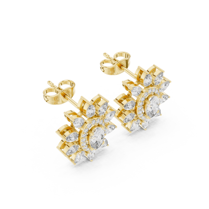 Sovereign Oval Halo Earrings • Marquise Sun-Crown Studs • Opulent Gold Diamond Look • Elegant Occasion Jewelry