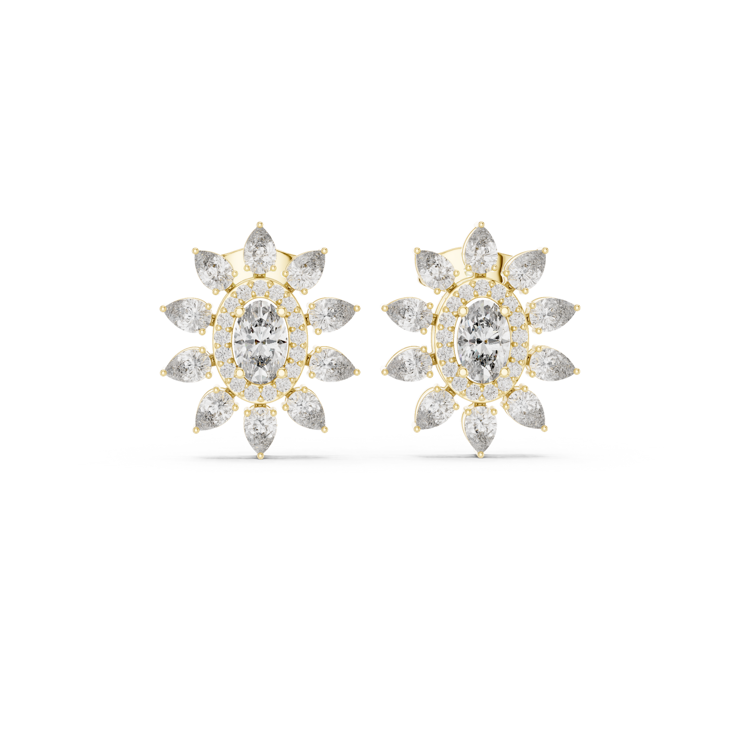 Sovereign Oval Halo Earrings • Marquise Sun-Crown Studs • Opulent Gold Diamond Look • Elegant Occasion Jewelry