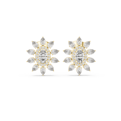 Sovereign Oval Halo Earrings • Marquise Sun-Crown Studs • Opulent Gold Diamond Look • Elegant Occasion Jewelry