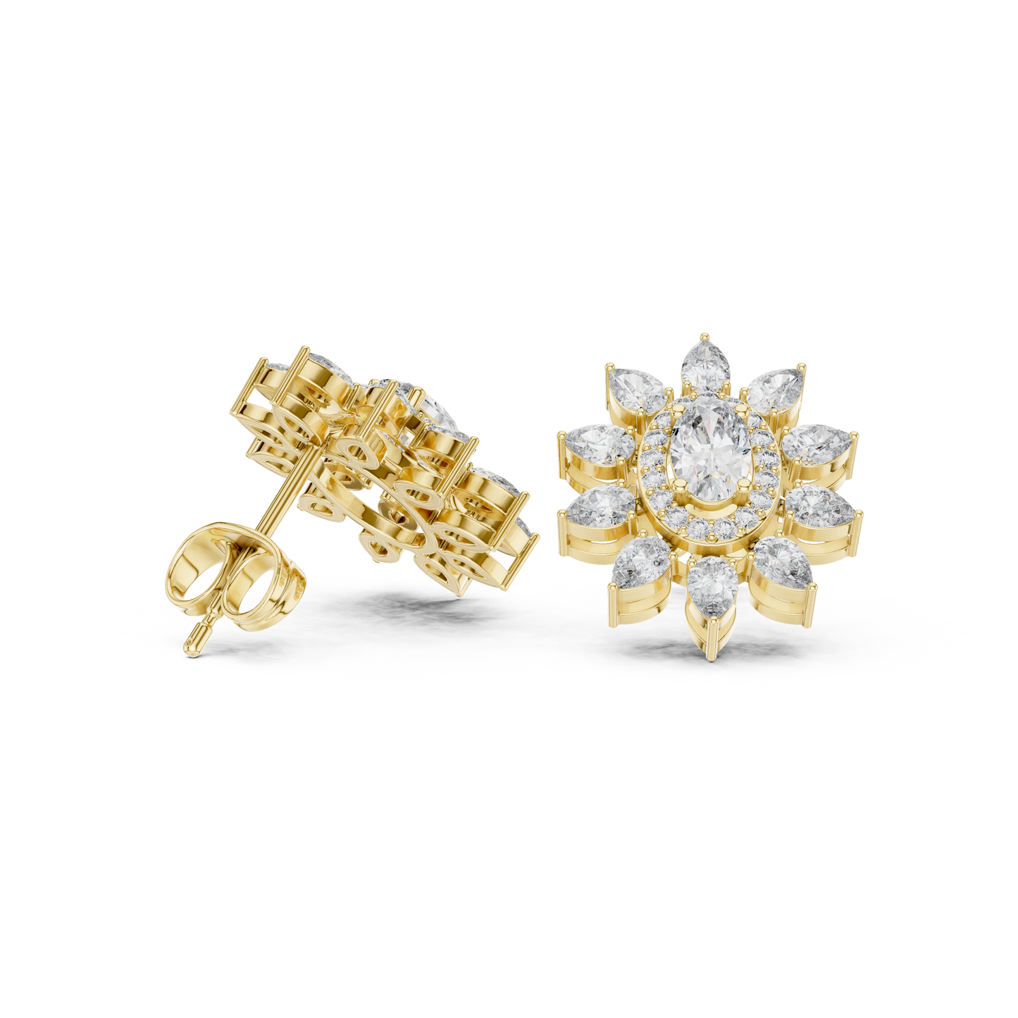 Sovereign Oval Halo Earrings • Marquise Sun-Crown Studs • Opulent Gold Diamond Look • Elegant Occasion Jewelry