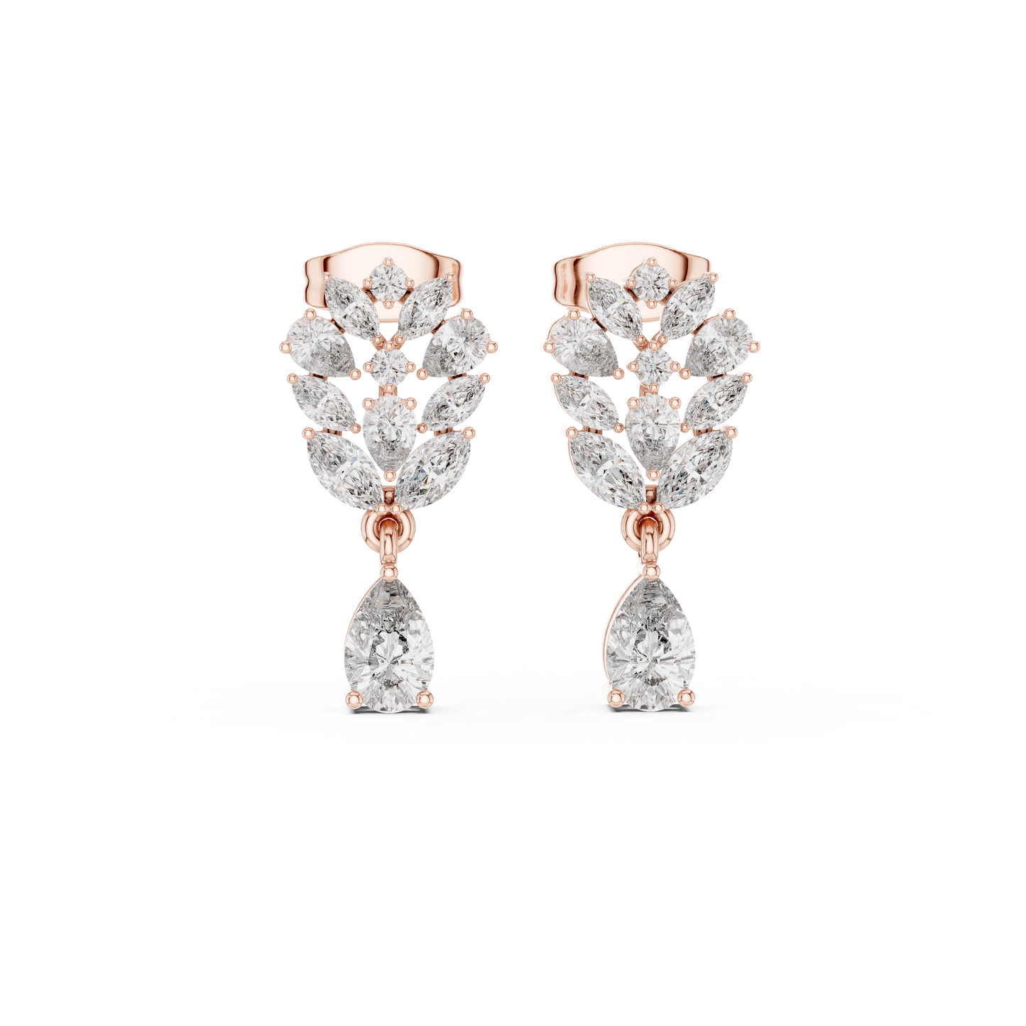 Primavera Leaffall Earrings • Marquise Lab Diamond Cluster • Pear Gold Drop Bridal Studs