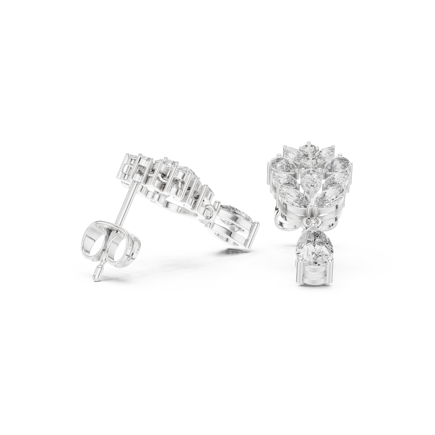 Primavera Leaffall Earrings • Marquise Lab Diamond Cluster • Pear Gold Drop Bridal Studs