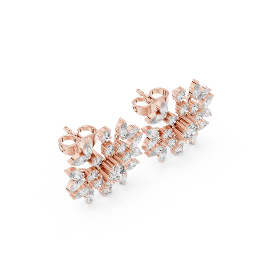 Winter Snowflake Diamond Earrings • Gold Marquise Cluster Studs • Minimalist Bridal Stud Earrings