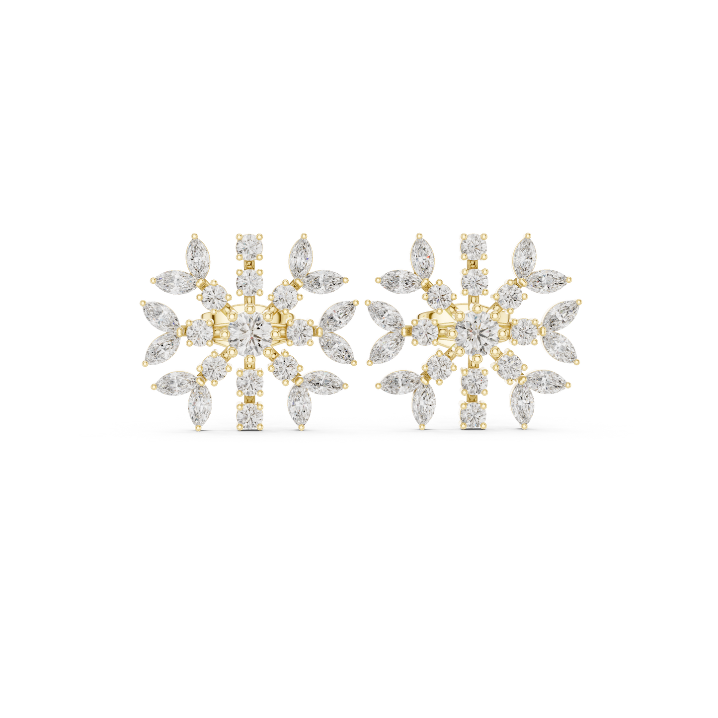 Winter Snowflake Diamond Earrings • Gold Marquise Cluster Studs • Minimalist Bridal Stud Earrings
