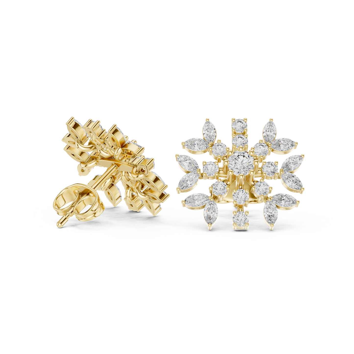 Winter Snowflake Diamond Earrings • Gold Marquise Cluster Studs • Minimalist Bridal Stud Earrings