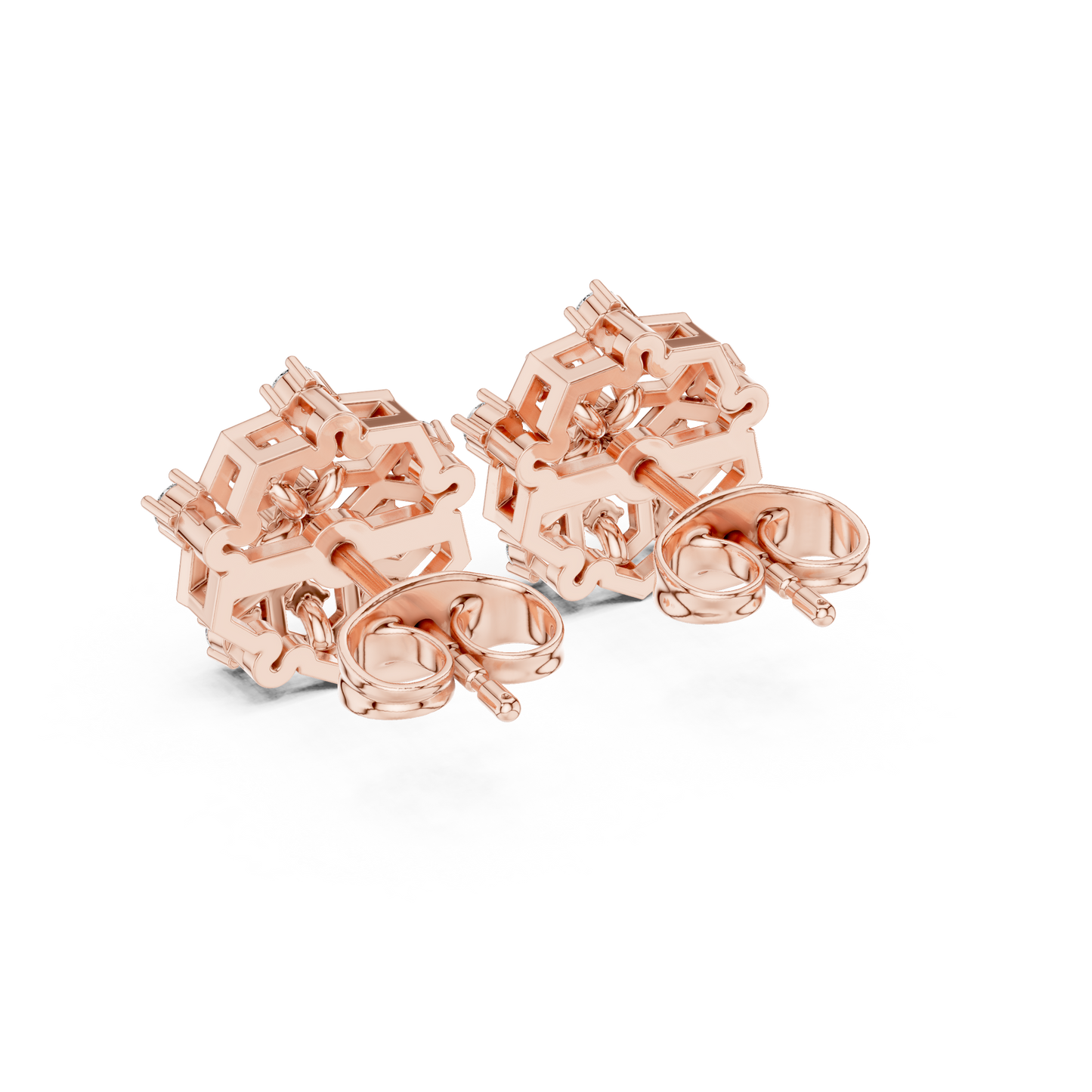 Hexagon Cluster Diamond Stud Earrings | Modern Honeycomb Gold Studs | Contemporary Floral Diamond Cluster Studs | Hexagon Honeycomb Earrings