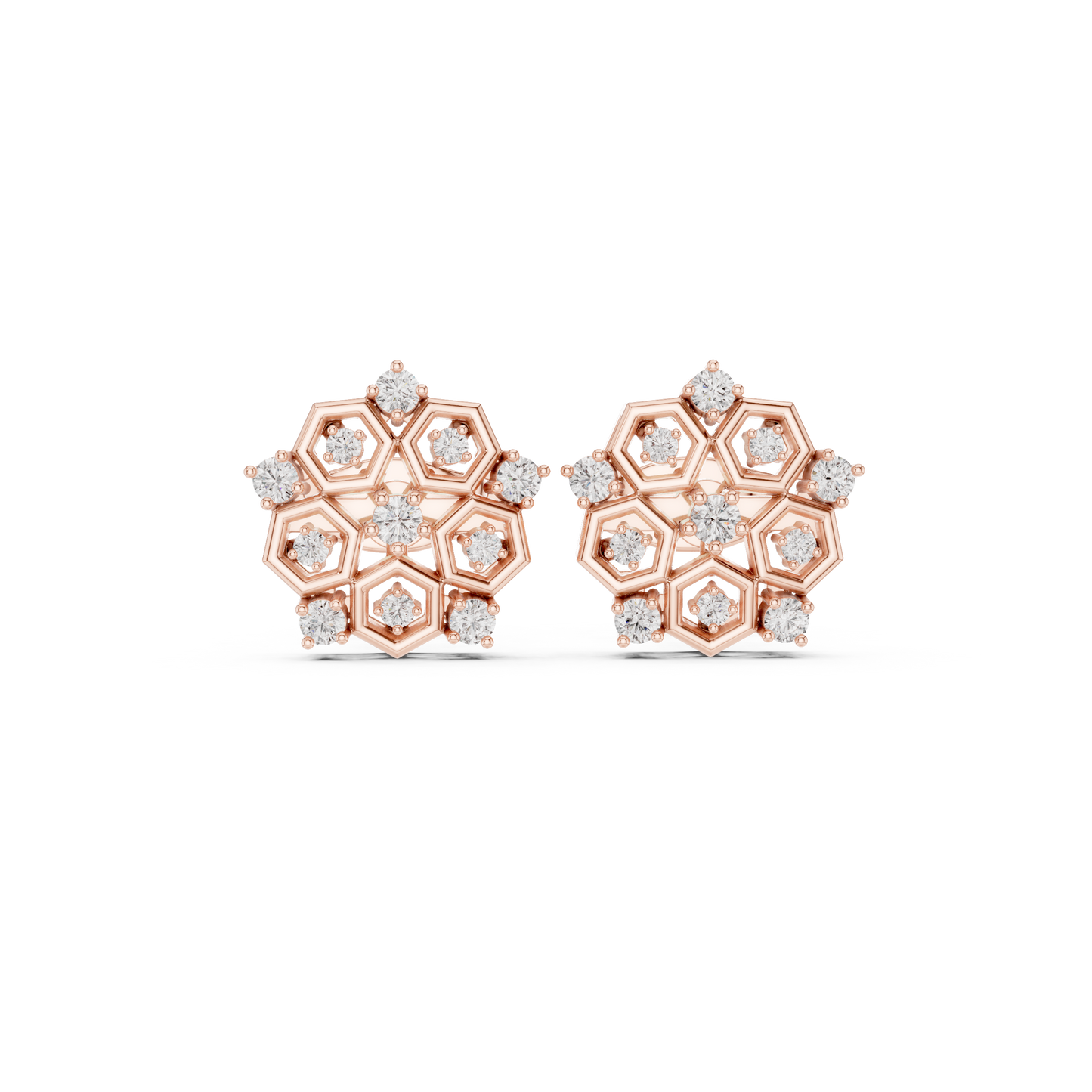 Hexagon Cluster Diamond Stud Earrings | Modern Honeycomb Gold Studs | Contemporary Floral Diamond Cluster Studs | Hexagon Honeycomb Earrings