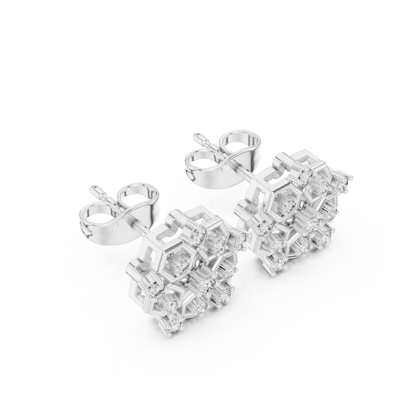 Hexagon Cluster Diamond Stud Earrings | Modern Honeycomb Gold Studs | Contemporary Floral Diamond Cluster Studs | Hexagon Honeycomb Earrings