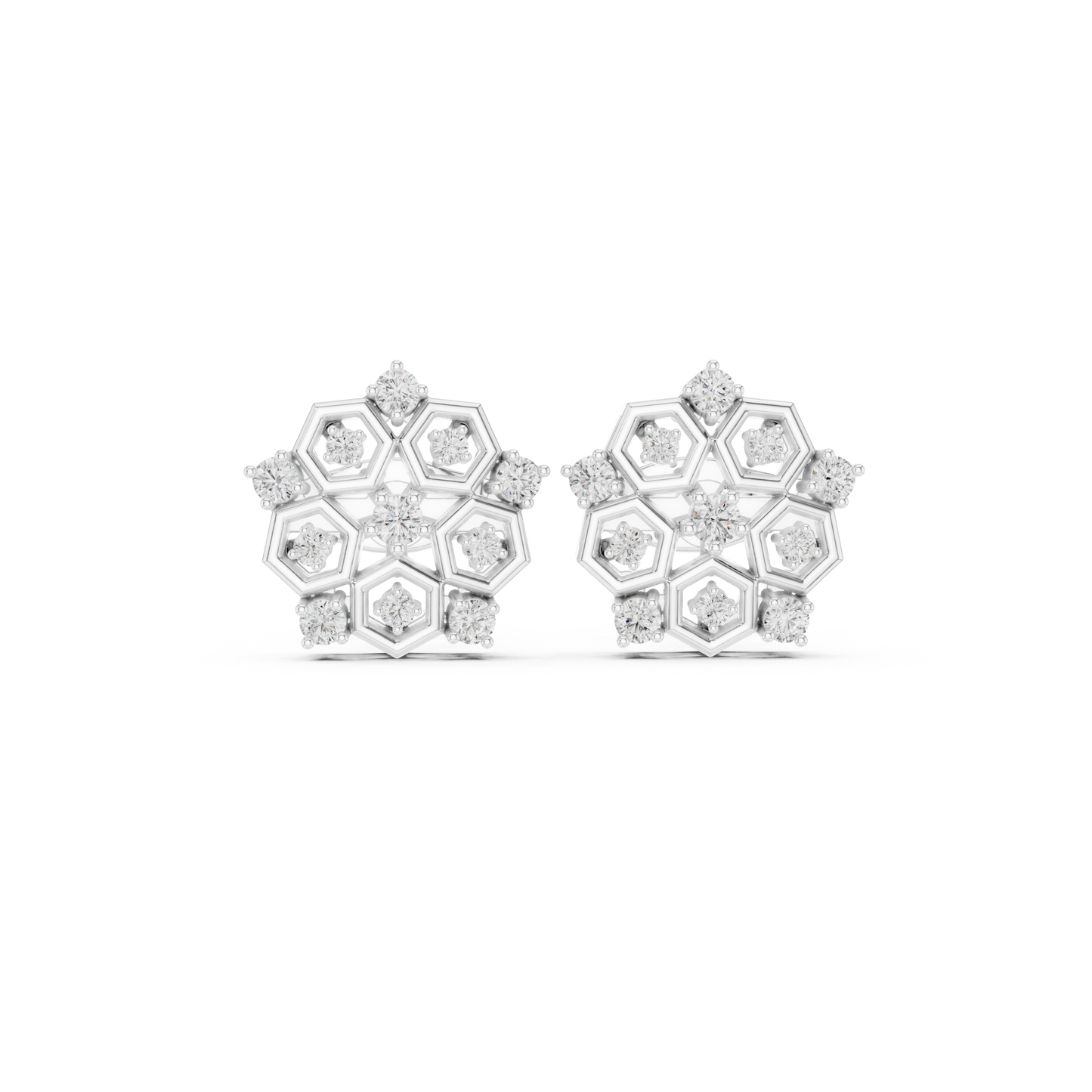 Hexagon Cluster Diamond Stud Earrings | Modern Honeycomb Gold Studs | Contemporary Floral Diamond Cluster Studs | Hexagon Honeycomb Earrings