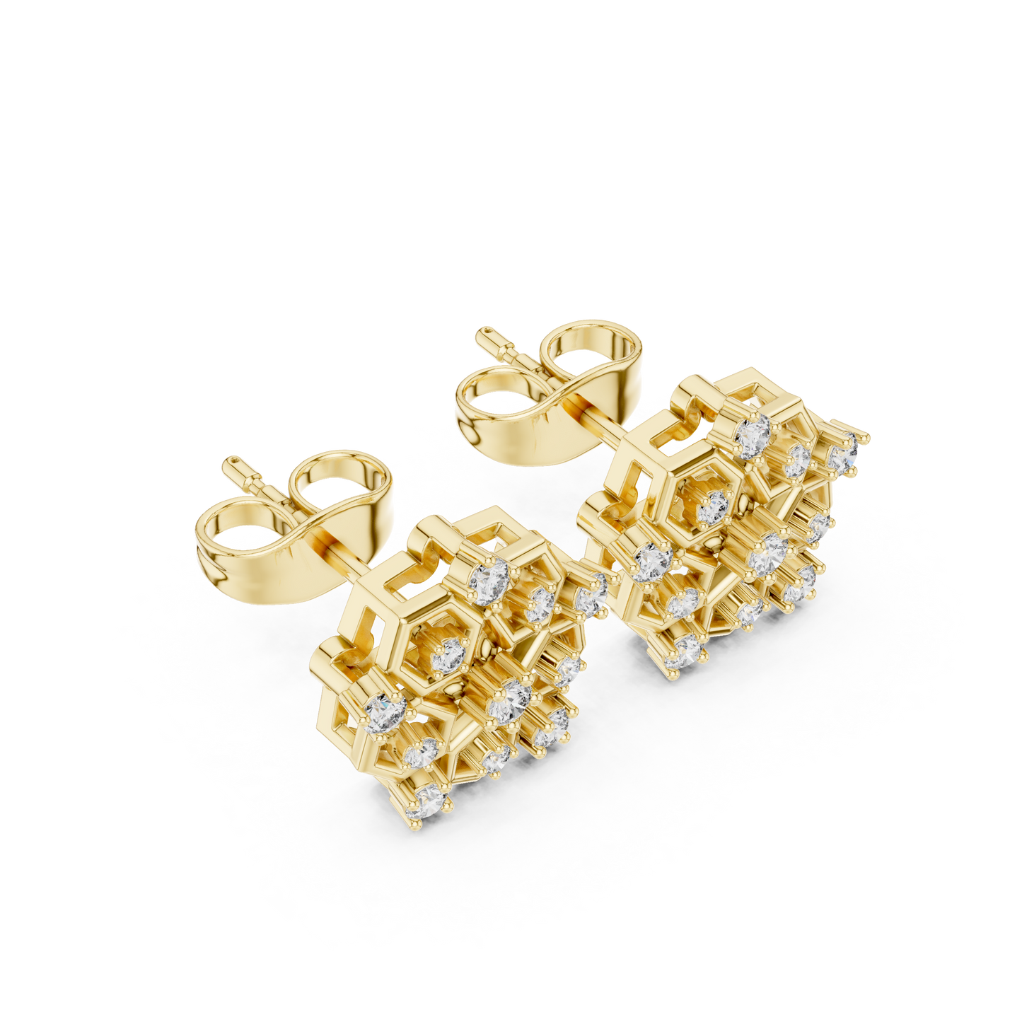 Hexagon Cluster Diamond Stud Earrings | Modern Honeycomb Gold Studs | Contemporary Floral Diamond Cluster Studs | Hexagon Honeycomb Earrings