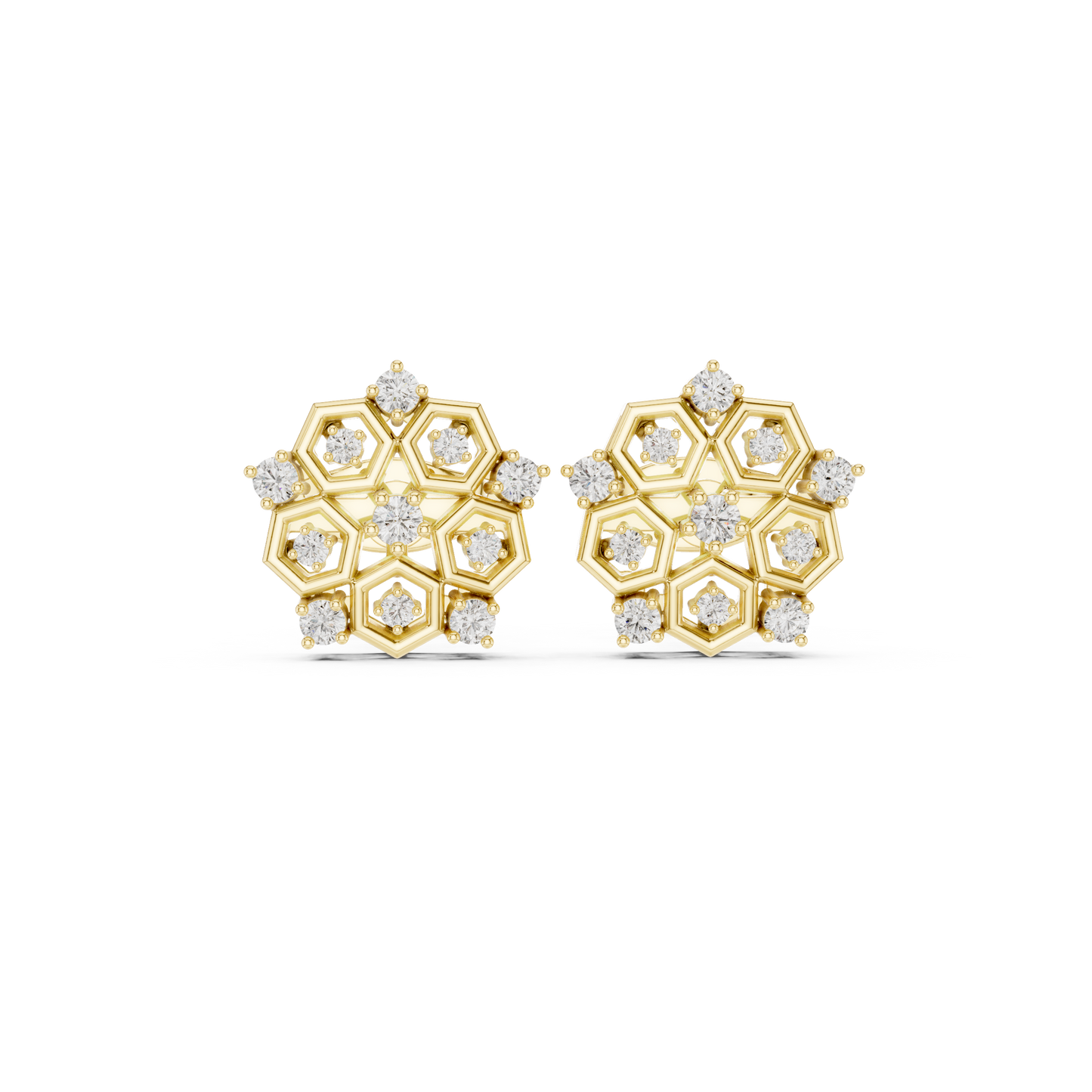Hexagon Cluster Diamond Stud Earrings | Modern Honeycomb Gold Studs | Contemporary Floral Diamond Cluster Studs | Hexagon Honeycomb Earrings