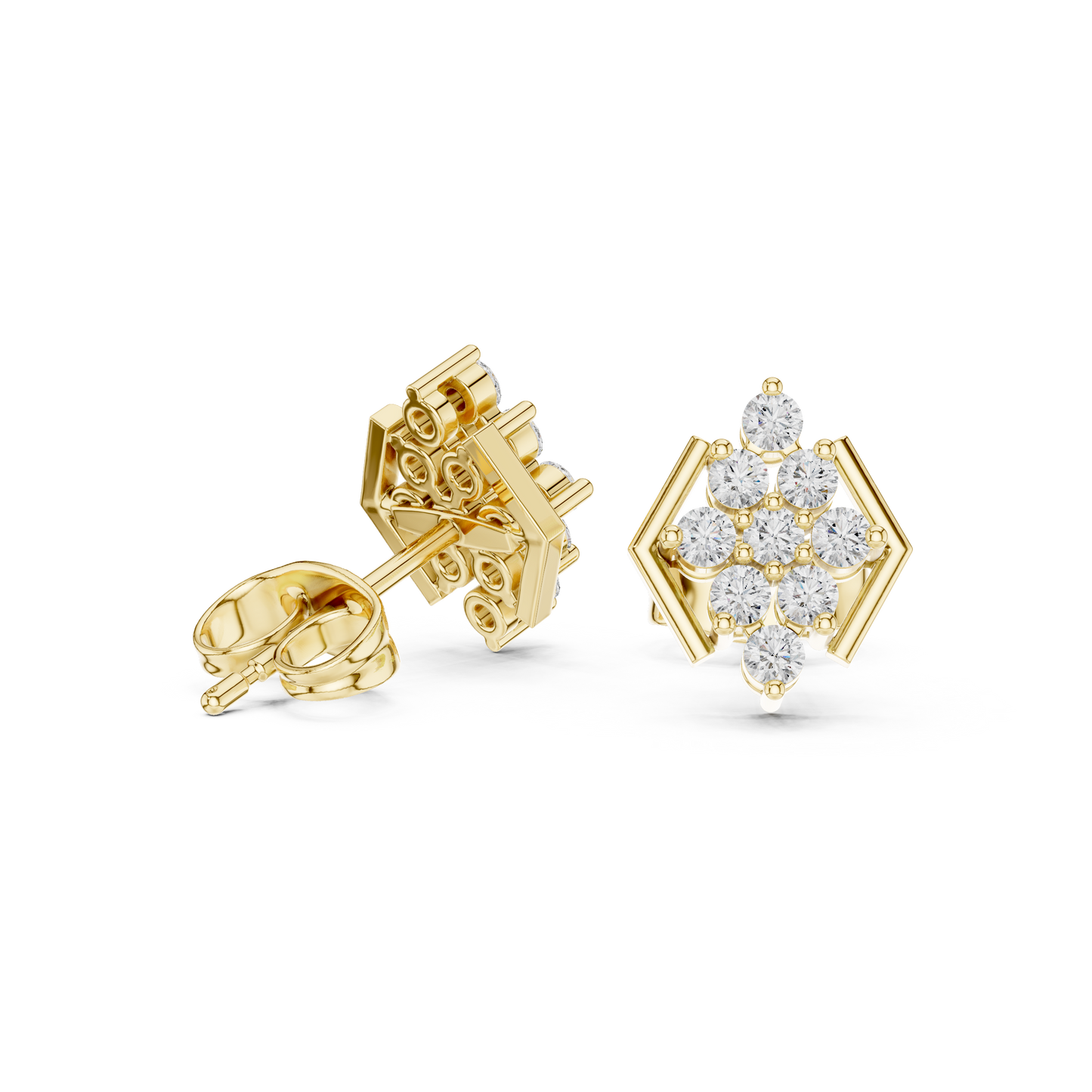 Elegant Diamond Stud Earrings | Geometric Hexagon Luxury Look | Chic Diamond Stud Earrings | Modern Hexagon Cluster Design