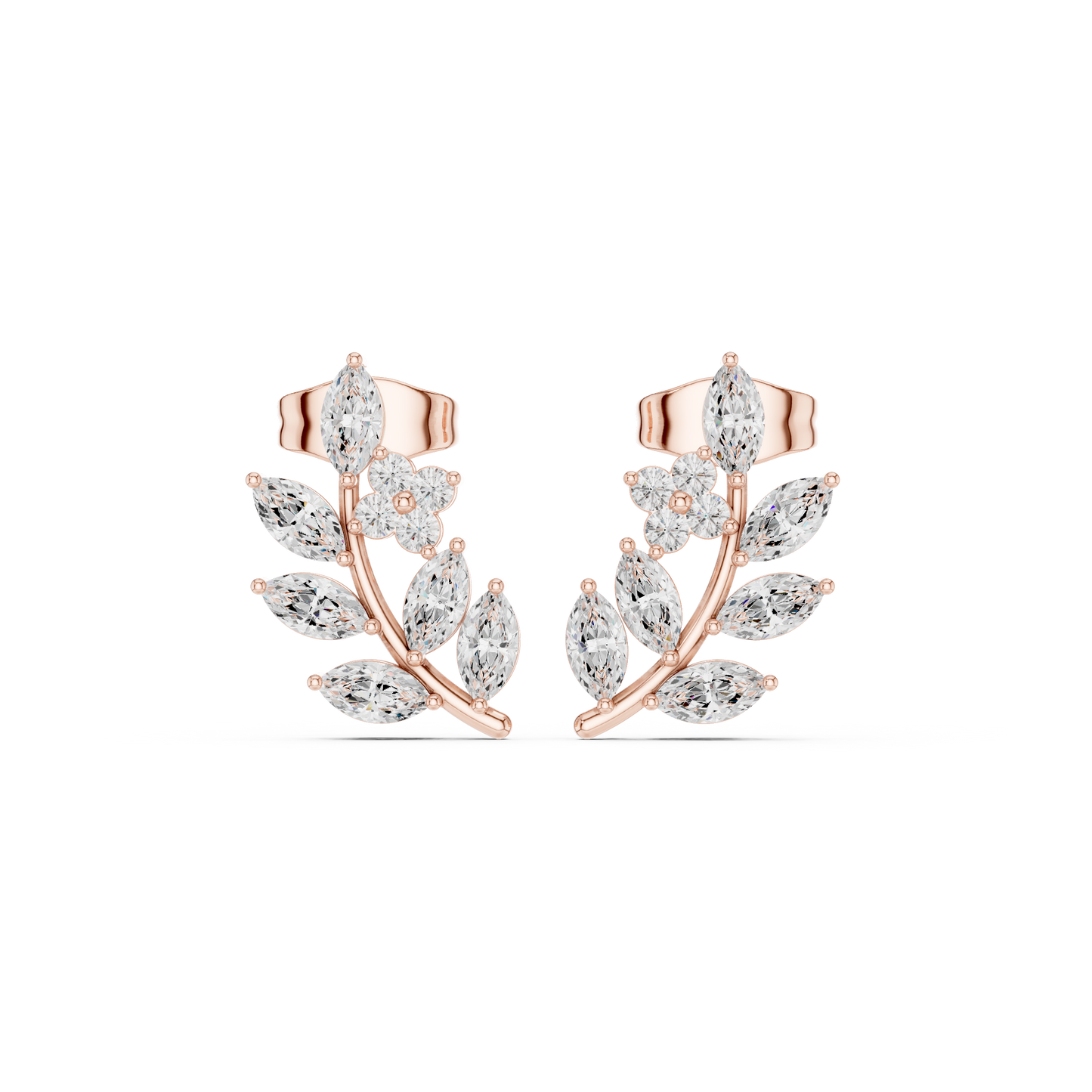 Marquise Diamond Leaf Stud Earrings – Contemporary Floral Design –  Diamond Botanical Ear Art – Limited Atelier Edition