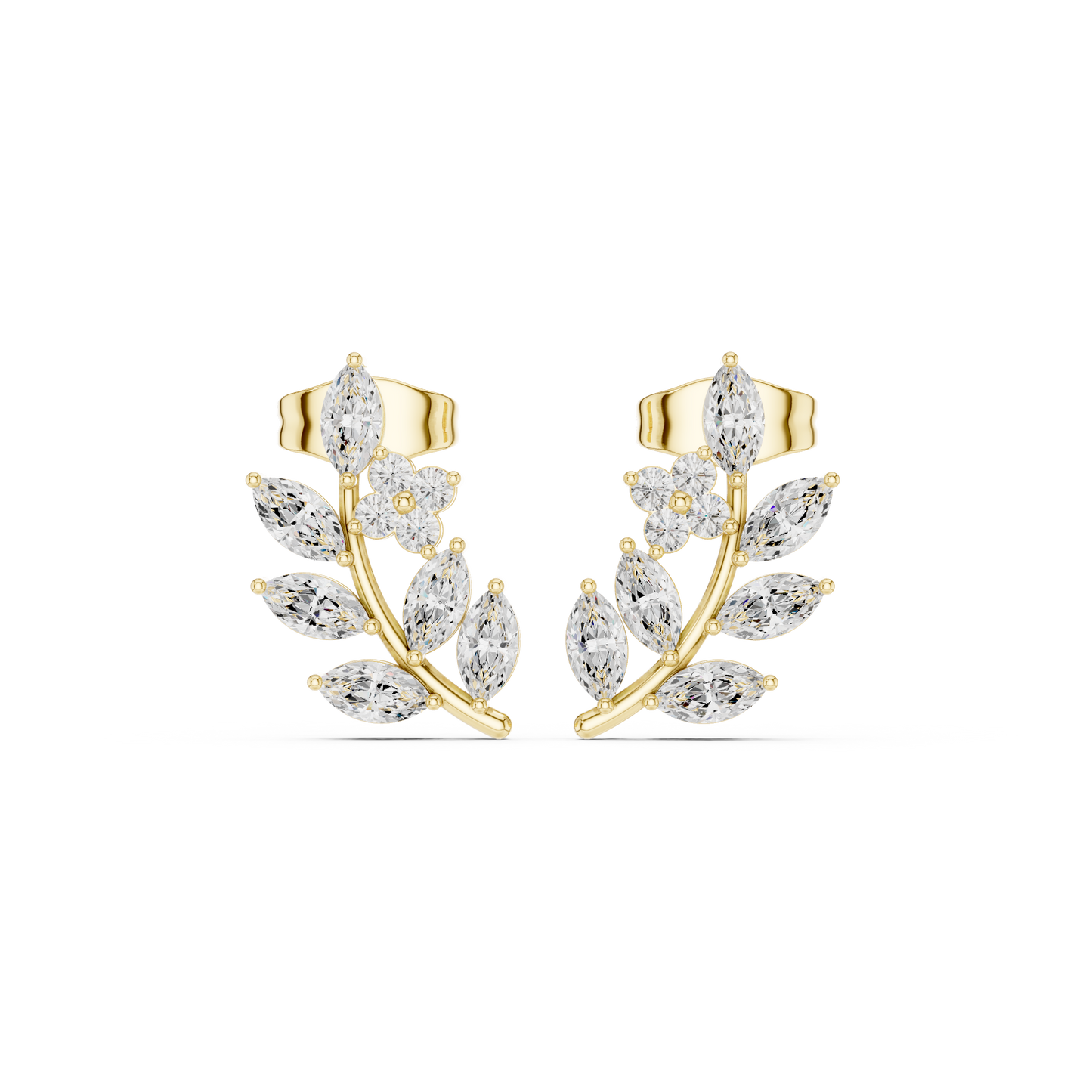 Marquise Diamond Leaf Stud Earrings – Contemporary Floral Design –  Diamond Botanical Ear Art – Limited Atelier Edition
