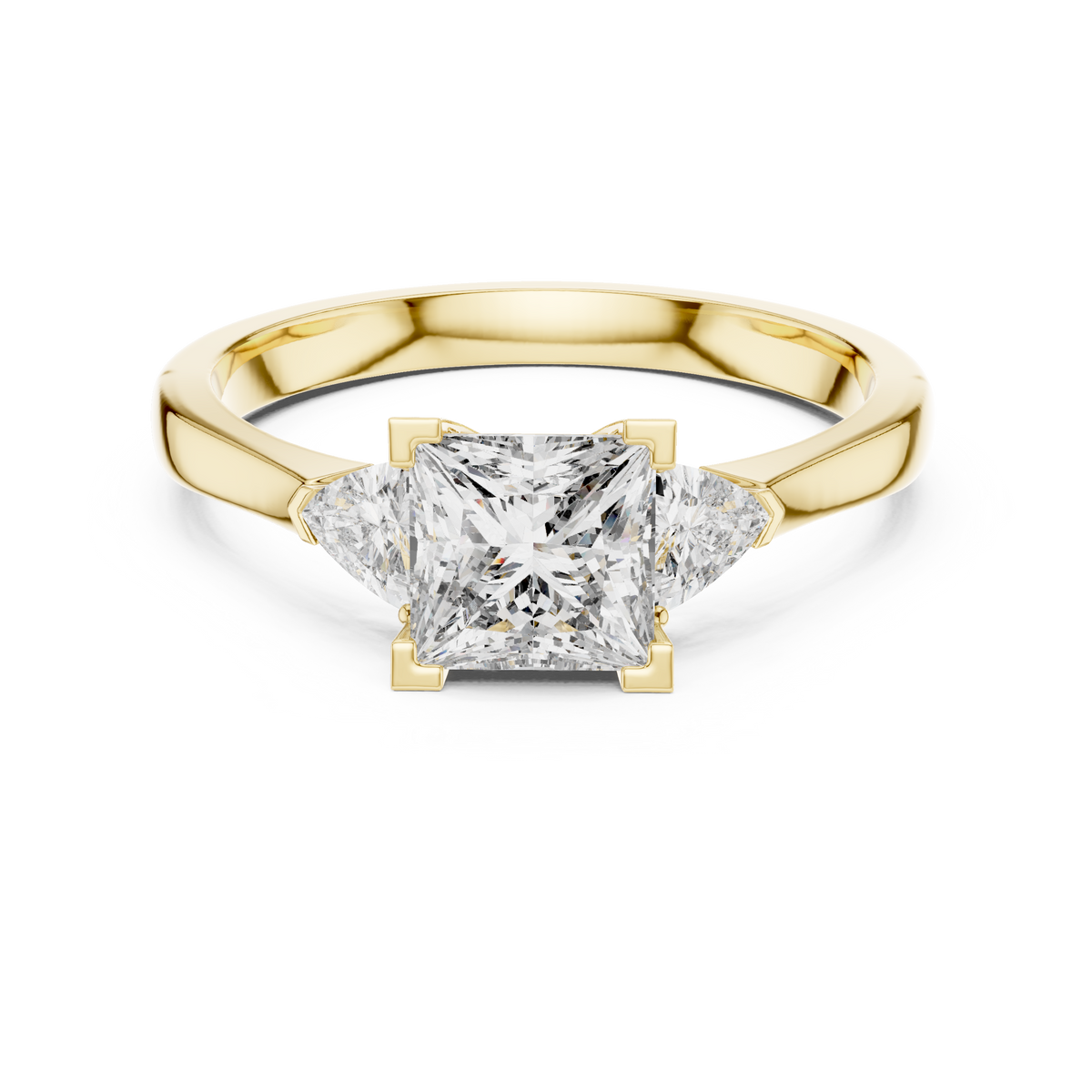 A balanced overhead studio shot of the Bridal Engagement Princess Cut Lab Grown Diamond Ring, reflecting light across the facets of the central square diamond and side trillions, ideal as an elegant princess cut solitaire ring.