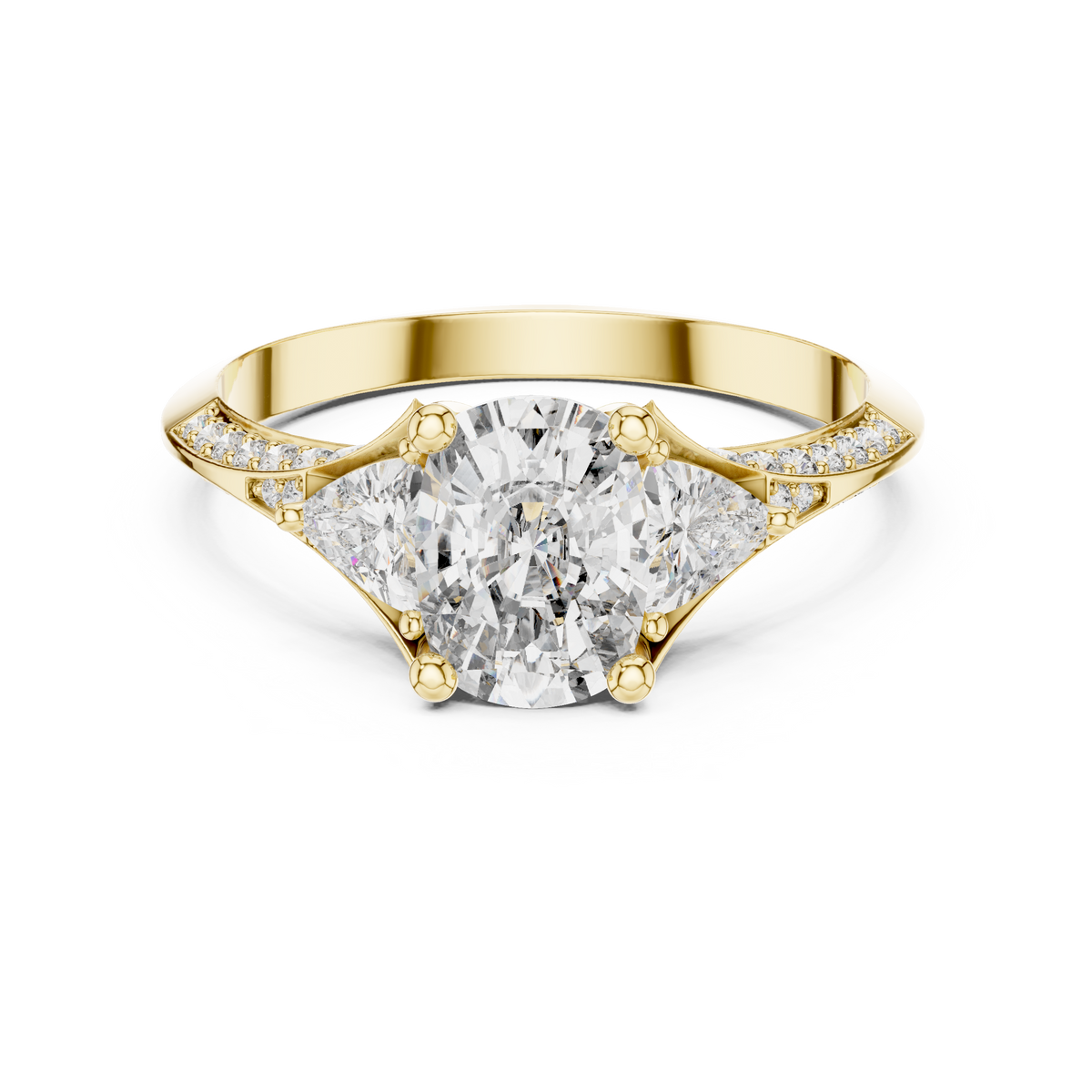 A functional scale and millimeter measurement photograph providing exact visual dimension references for the 7.20x5.20mm center cushion cut lab diamond and 3.50mm trillion side stones against a precision jewelry caliper.


