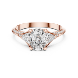 A gorgeous front view of a 14K solid gold lab diamond engagement ring featuring a sparkling 1.20 carat cushion cut center stone surrounded by two trillion cut side diamonds and a diamond pave band, set in a clean white studio background for optimal clarity and jewelry listing visual appeal.

