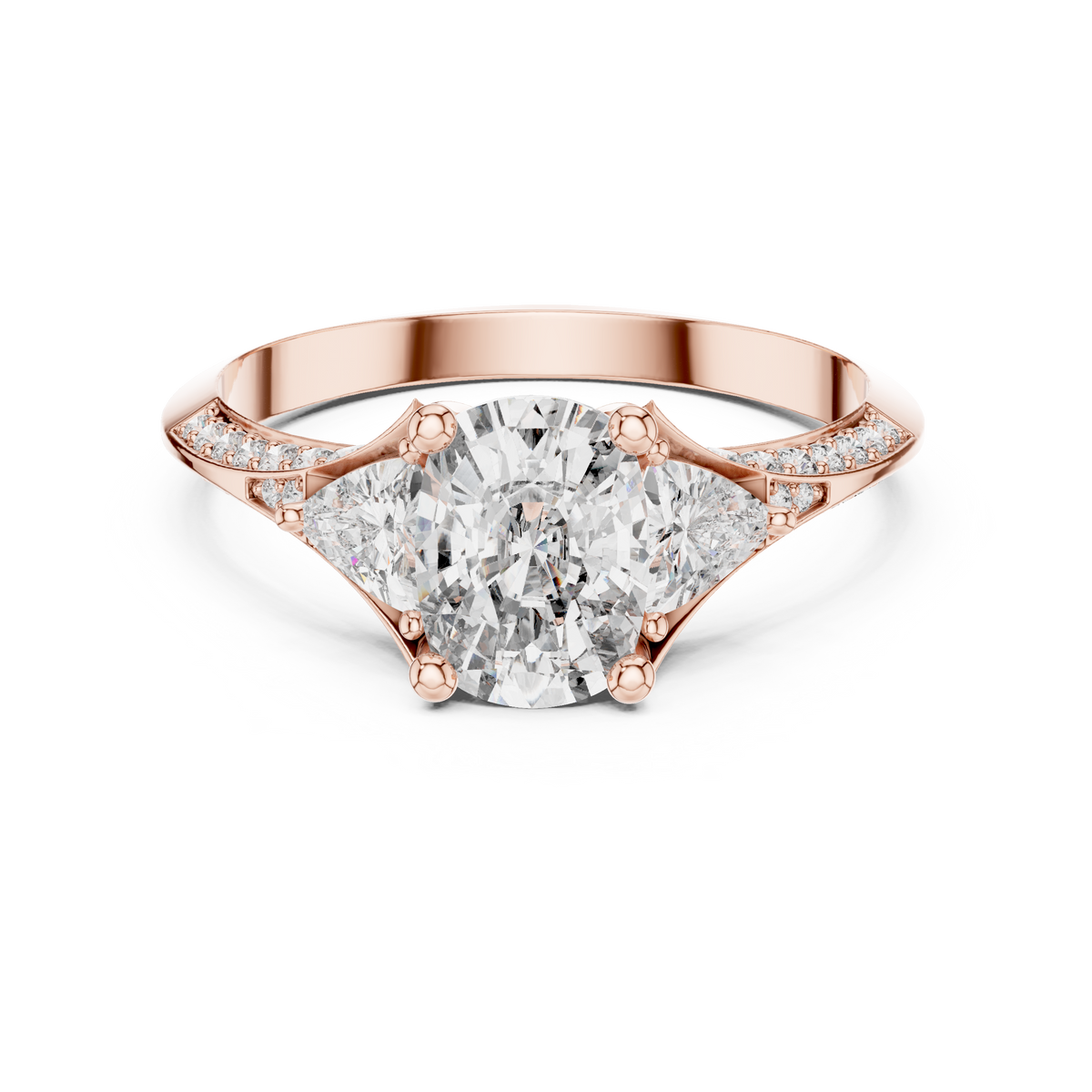 A gorgeous front view of a 14K solid gold lab diamond engagement ring featuring a sparkling 1.20 carat cushion cut center stone surrounded by two trillion cut side diamonds and a diamond pave band, set in a clean white studio background for optimal clarity and jewelry listing visual appeal.

