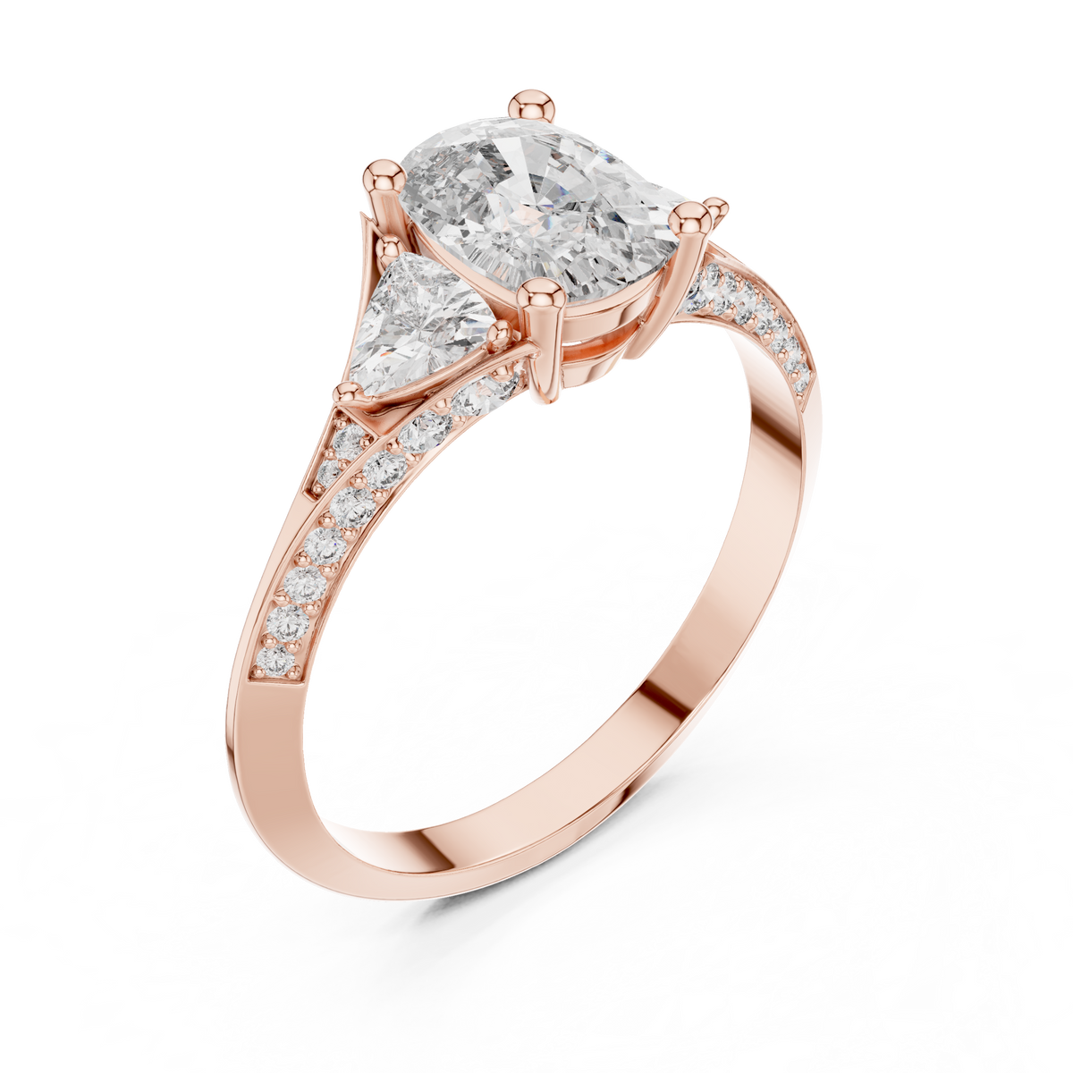 A side profile angle showing the elevated collet setting of a cushion cut lab grown diamond ring in 18K white gold with detailed trillion accent settings and delicate pave micro diamonds along the shank, highlighting precision craftsmanship and brilliant light reflections.

