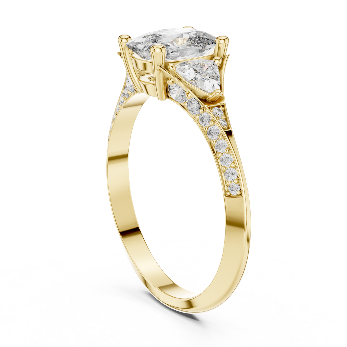 A soft natural light studio image showing the balanced symmetry and classic three stone geometry of this cushion cut lab diamond engagement ring on a sleek reflective surface, perfect for high end e-commerce buyers.

