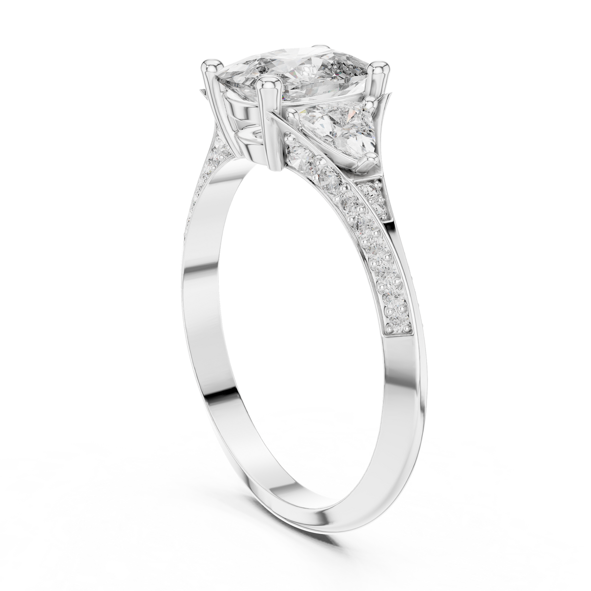 A sparkling sunlight reflection photograph capturing the intense fire and scintillation of the lab grown cushion cut diamond and surrounding pave accent stones, emphasizing diamond brilliance under direct natural lighting conditions.

