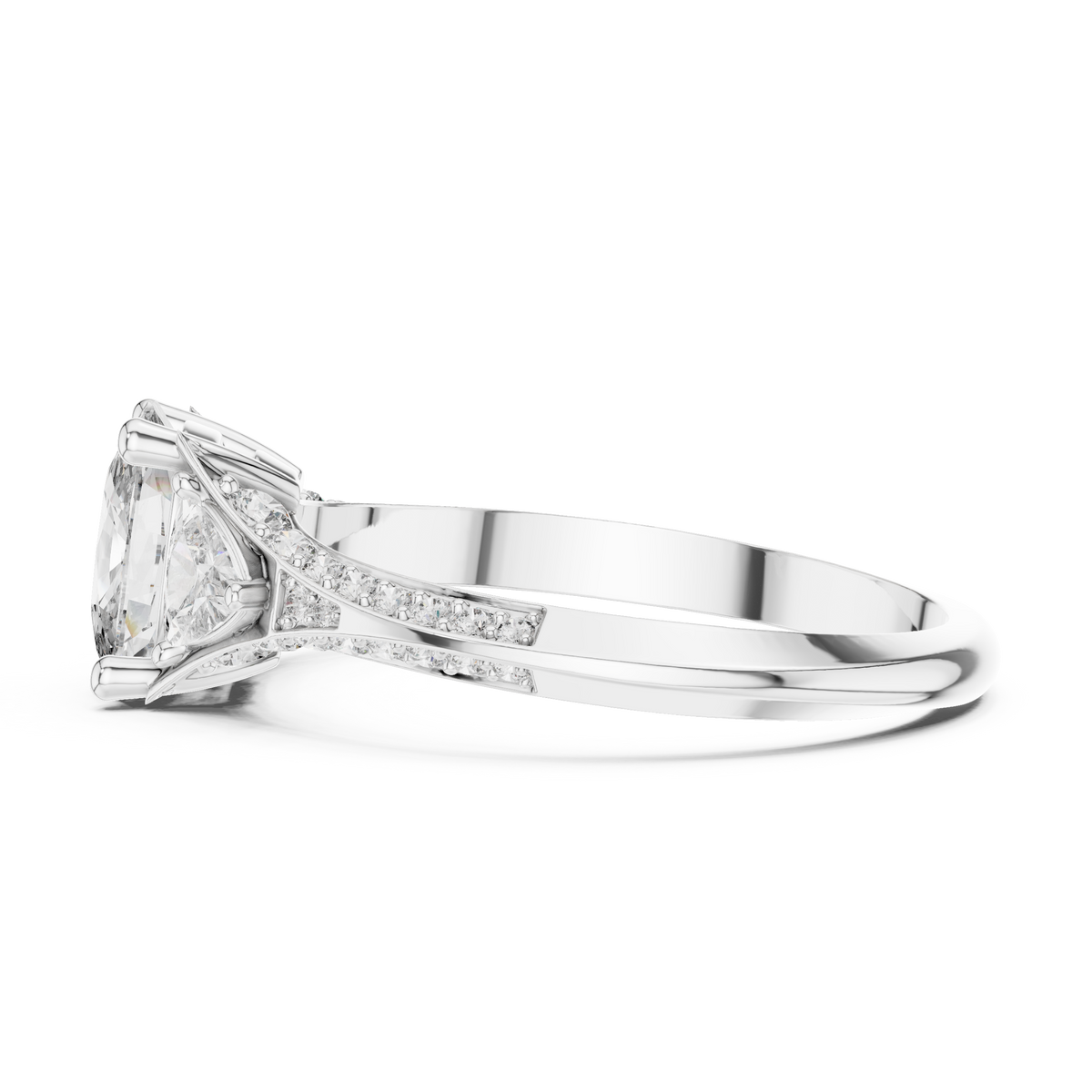 A stylish bridal stacking view demonstrating how this cushion cut three stone engagement ring pairs seamlessly with a solid gold paved wedding band, helping US shoppers visualize complete wedding ring set configurations.

