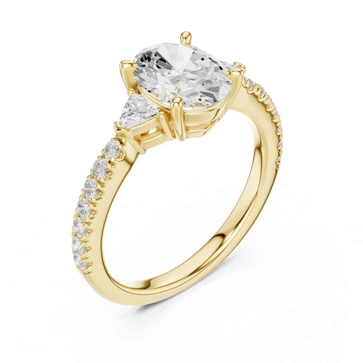 Angle 10 Artisan Workshop Detail: Behind the scenes crafting view showcasing skilled jewelers setting the oval lab grown diamond into the 14k solid gold 3 stone head setting with high precision techniques.