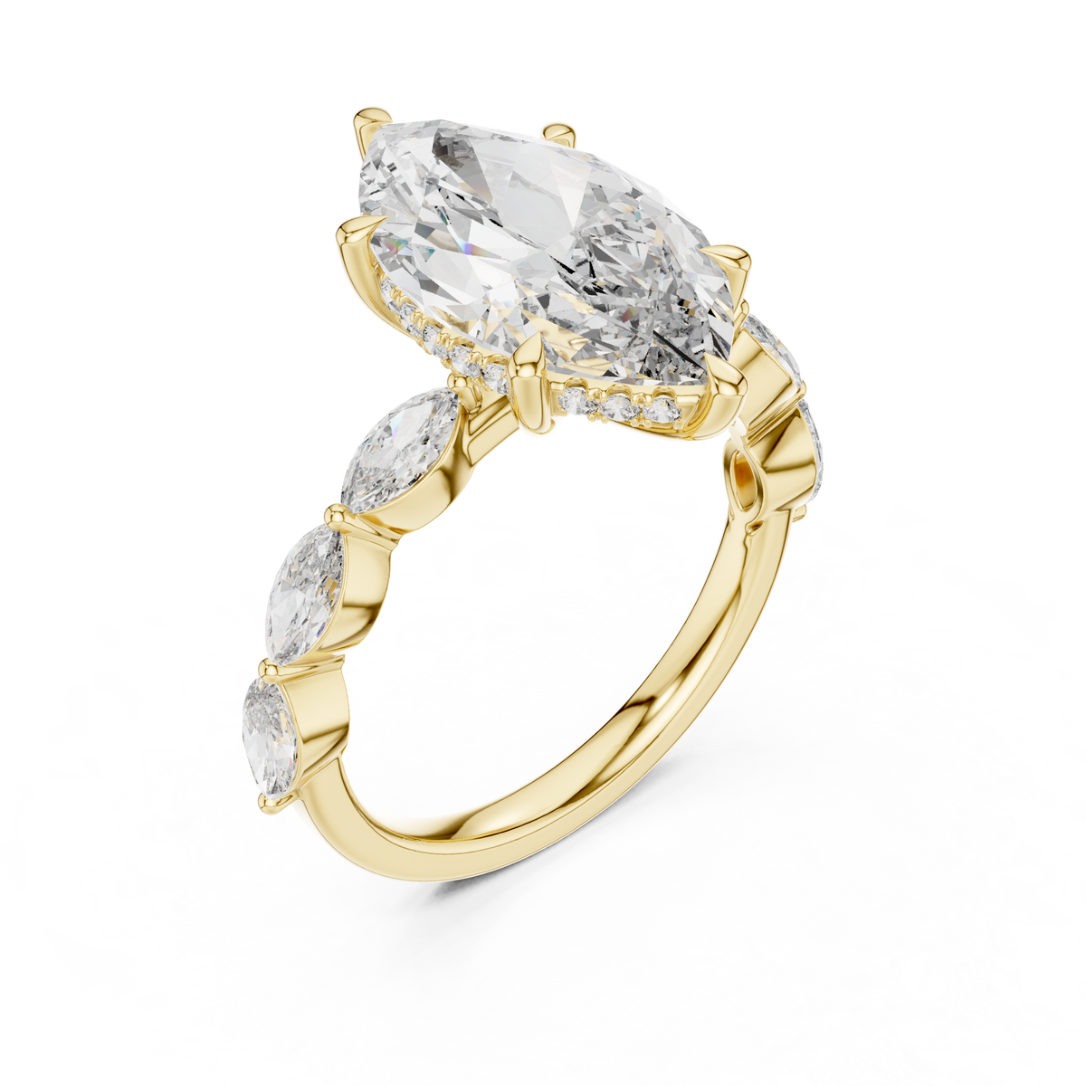 Angle 10 Handcrafted Workshop View depicting the expert stone setting process of the marquise diamond into the polished solid gold prongs, highlighting master craftsman skill and quality assurance.

