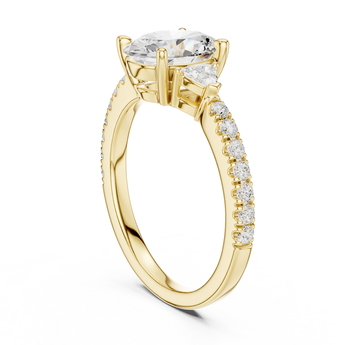 Angle 11 Soft Natural Light Studio Angle: Gentle diffuse lighting photo highlighting the smooth contours, shiny metal surface, and crisp brilliant cut facets of the oval and trillion lab diamonds.