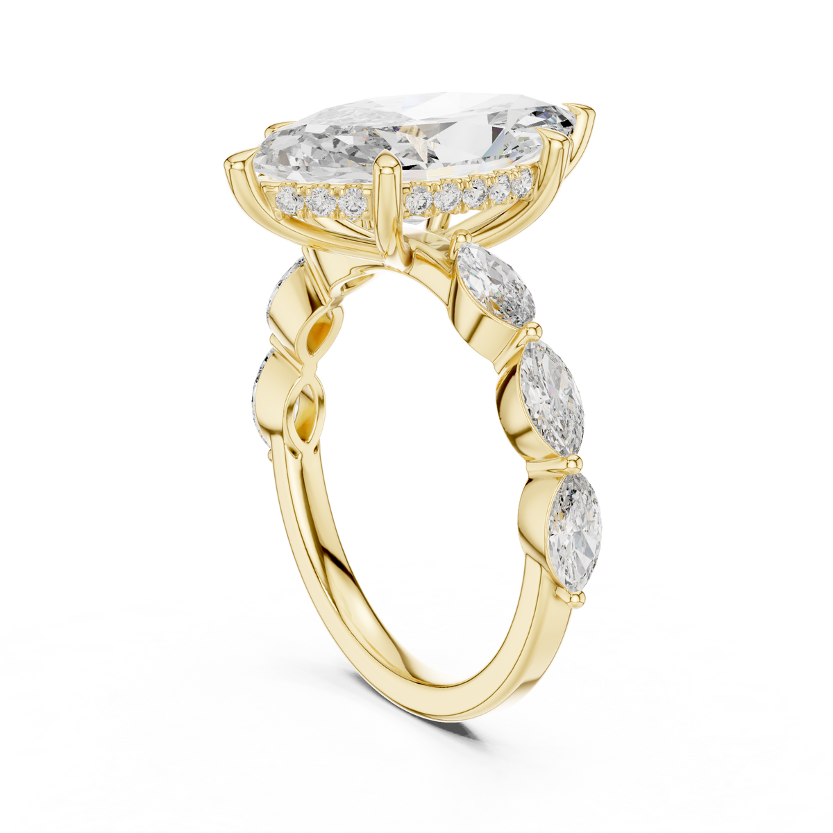 Angle 11 Soft Natural Light Studio Shot displaying the contrast of polished 14K yellow gold against the ultra colorless VVS marquise lab grown diamond centerpiece for daily wear luxury.

