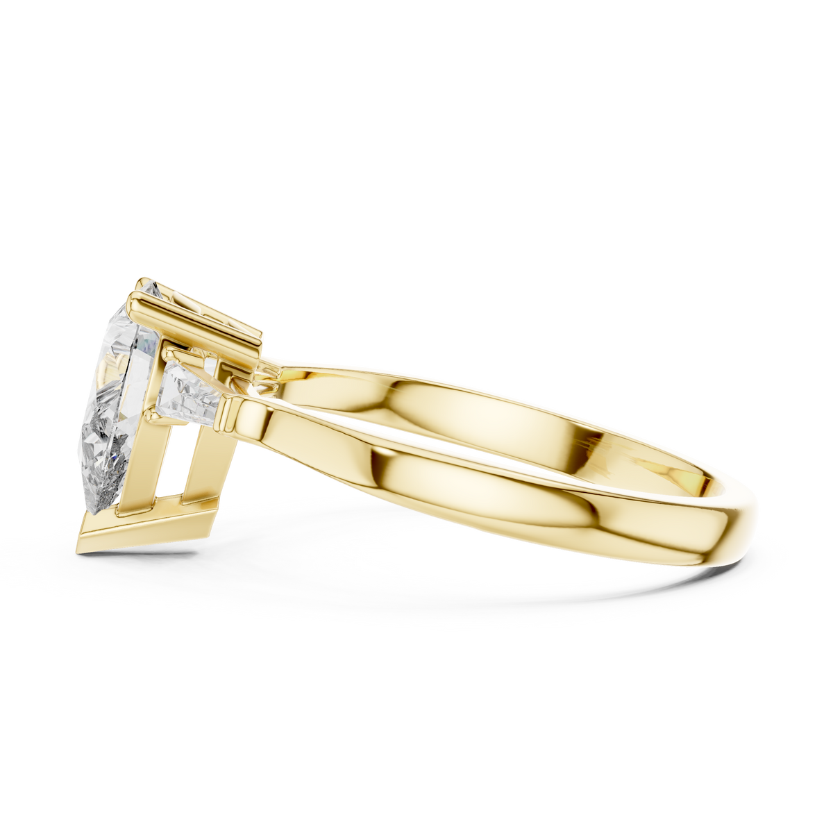 Angle 12 Angled Studio Lighting View giving buyers a complete 45 degree vision of the pear stone crown facets combined with structural baguette side accent collet settings.

