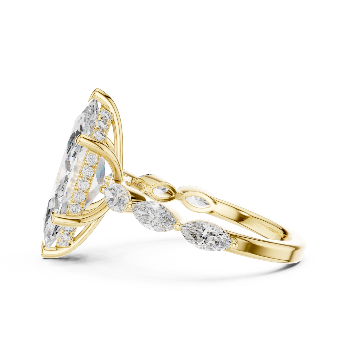 Angle 12 High Angle Top View revealing the complete symmetrical leaf cluster motif surrounding the marquise diamond, reflecting vintage art deco inspiration and organic nature themed engagement aesthetic.

