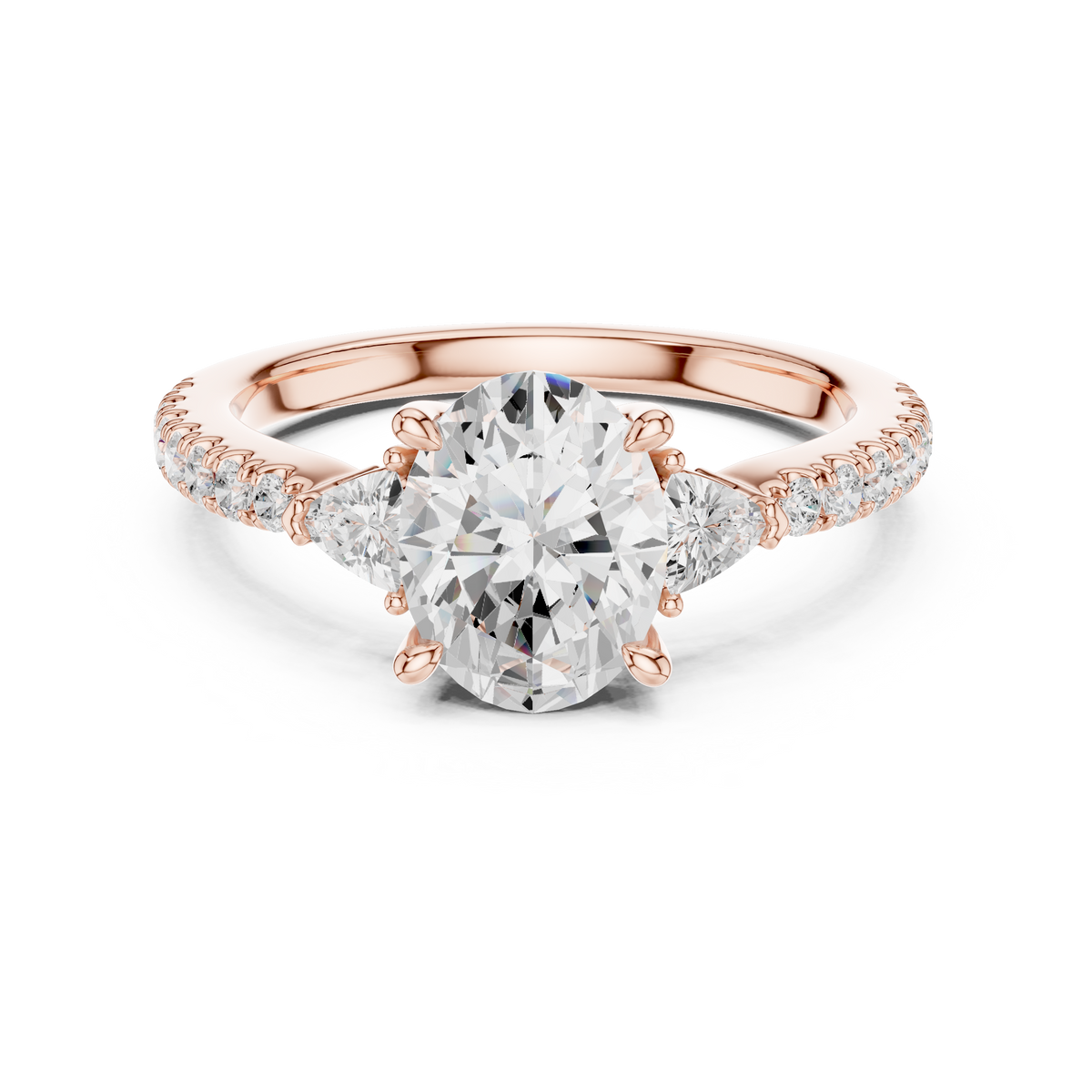 Angle 1 Front Studio View: Elegant 14K Gold Lab Diamond 3 Stone Engagement Ring showcasing a 1.72 Carat Oval Cut center lab grown diamond paired with brilliant trillion cut side stones and u cut pave micro diamonds along the solid gold band, perfectly captured under bright studio light.
