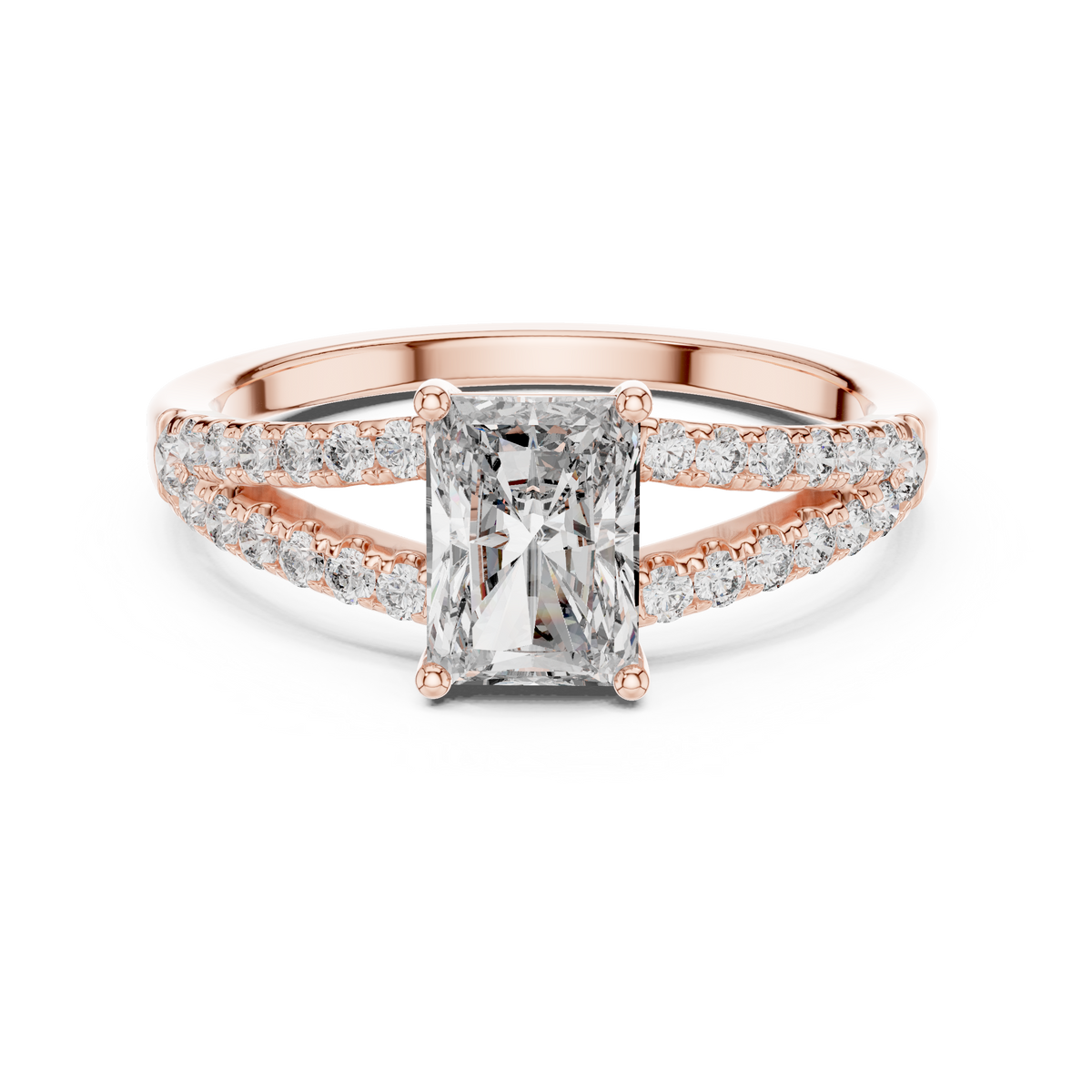 Angle 1 Main Studio View: Stunning 14K Gold Lab Diamond Ring featuring a 7x5mm Radiant Cut center stone held in a refined 4 prong collet setting with accent pave diamonds along the band. High quality eco friendly diamond jewelry perfect for bridal engagement gifts.

