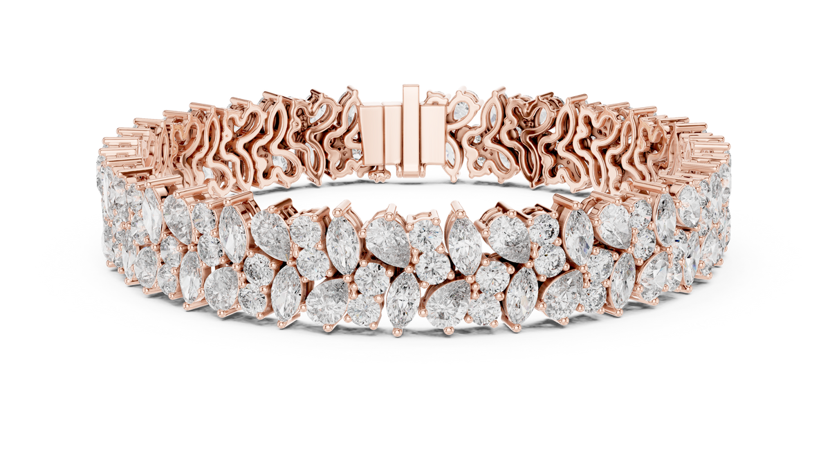 Angle 1 Main Studio View showing 14K Gold Lab Diamond Cluster Bracelet laid flat with brilliant sparkling Pear Marquise and Round diamonds in 13.5 CTW total weight for bridal anniversary gift