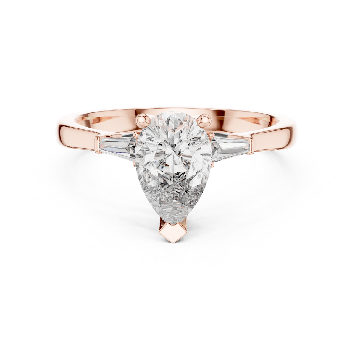 Angle 1 Studio Front View showing a 14K Gold Lab Diamond Ring featuring a brilliant 1.00 carat Pear Cut center gemstone flanked by sleek baguette side diamonds in a collet setting perfect for a modern bridal engagement ring gift.

