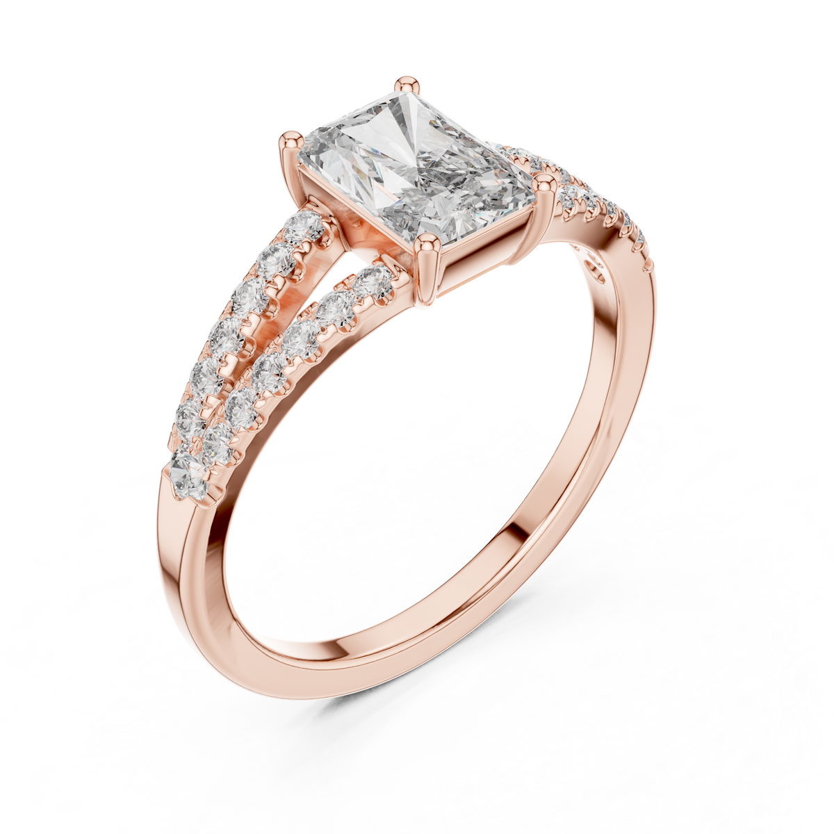 Angle 2 Side Cathedral Profile: Detailed side angle showing the elegant cathedral setting profile of this 14K Gold Radiant Cut Lab Diamond Ring. Highlighted by high clarity pave set round diamonds along the slender polished shank design.

