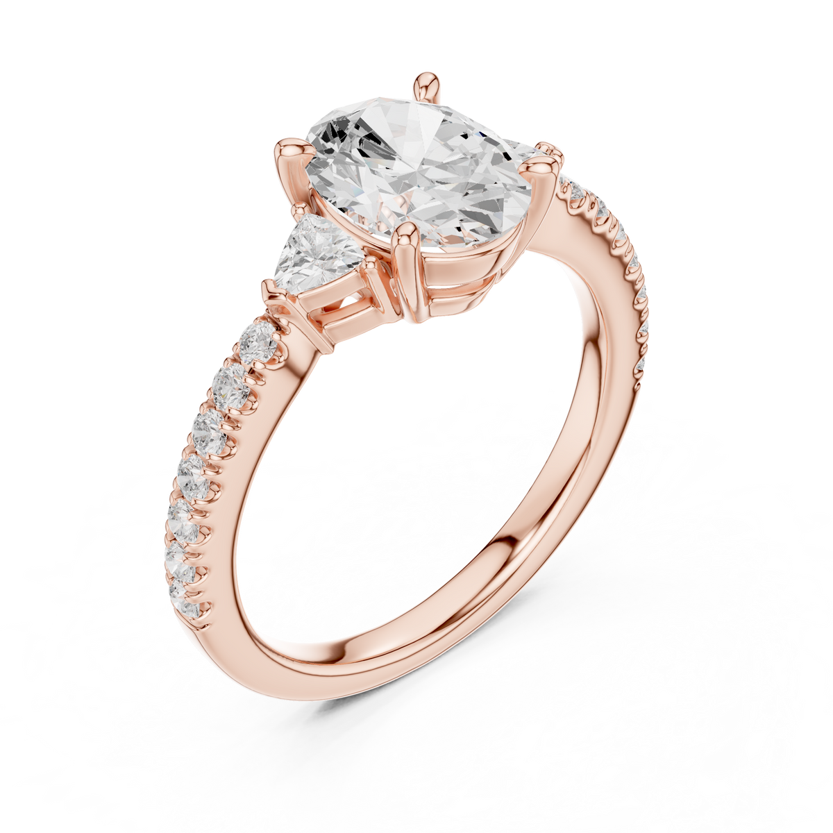 Angle 2 Side Cathedral Profile View: Detailed side profile of the 14K solid gold 3 stone engagement ring revealing the handcrafted collet basket setting holding the oval center stone, trillion accent diamonds, and smooth high polish finish of the under basket for optimal sparkle and comfort.
