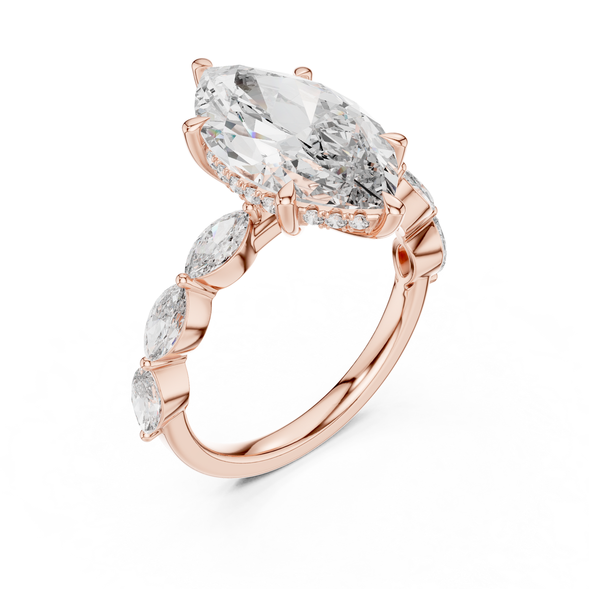 Angle 2 Side Profile View showing the detailed collet basket setting holding the 16x9mm marquise center diamond, paired with elegant leaf side clusters on a dainty solid 18K gold shank created for luxury bridal jewelry collections.

