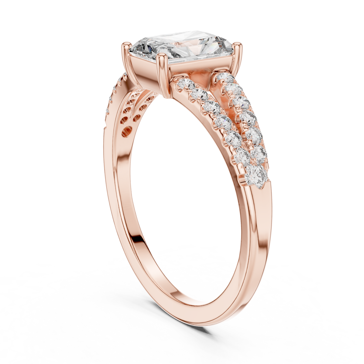 Angle 3 On Hand Model View: Elegant 14K Gold Radiant Cut Lab Diamond Engagement Ring shown worn on a hand model showcasing real world brilliance and proportion. Ideal promise ring or anniversary gift for her with brilliant light reflection.

