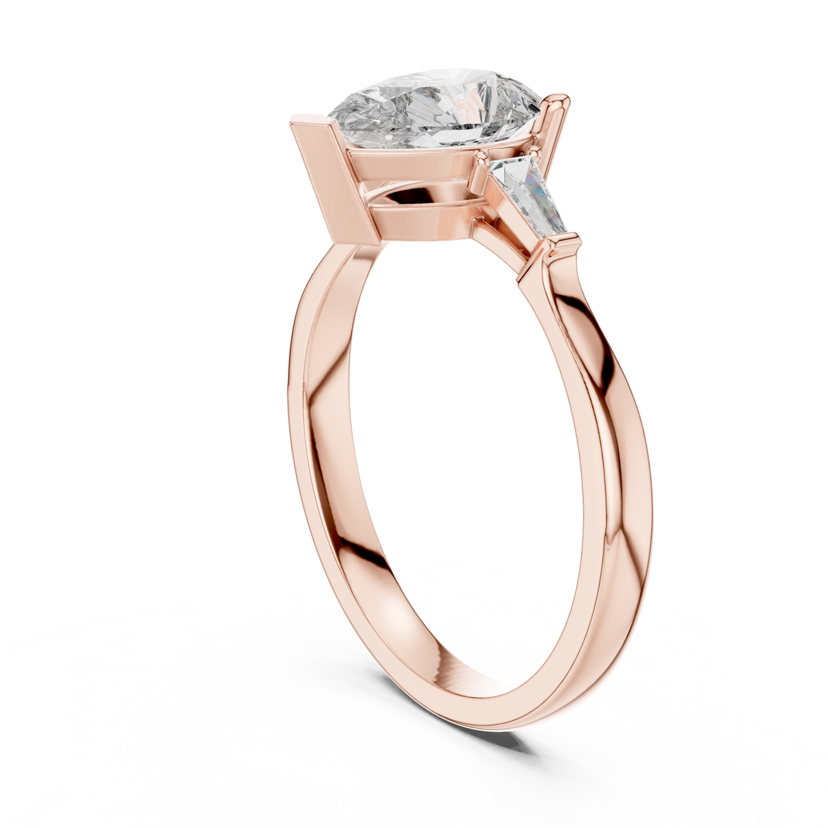 Angle 3 On Hand Model View demonstrating the elegant scale and finger coverage of this pear cut three stone diamond ring in 14k white gold worn as an everyday statement or anniversary gift for her.

