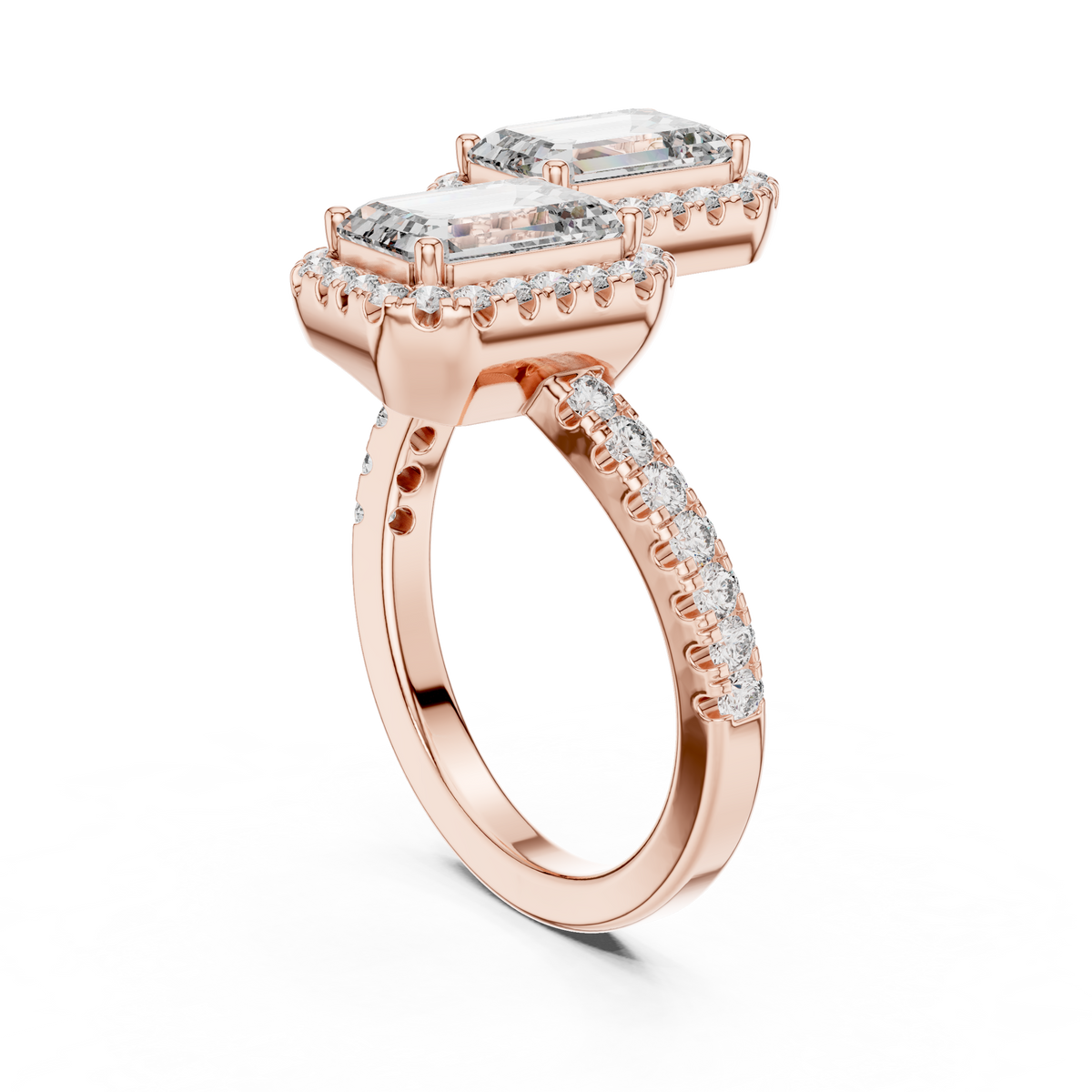 Angle 3 On Hand Model View showcasing the two stone emerald cut lab diamond ring positioned gracefully on a woman hand in natural lighting displaying luxury proportions, royal hand presence, and brilliant light refractions suitable for an engagement or anniversary.

